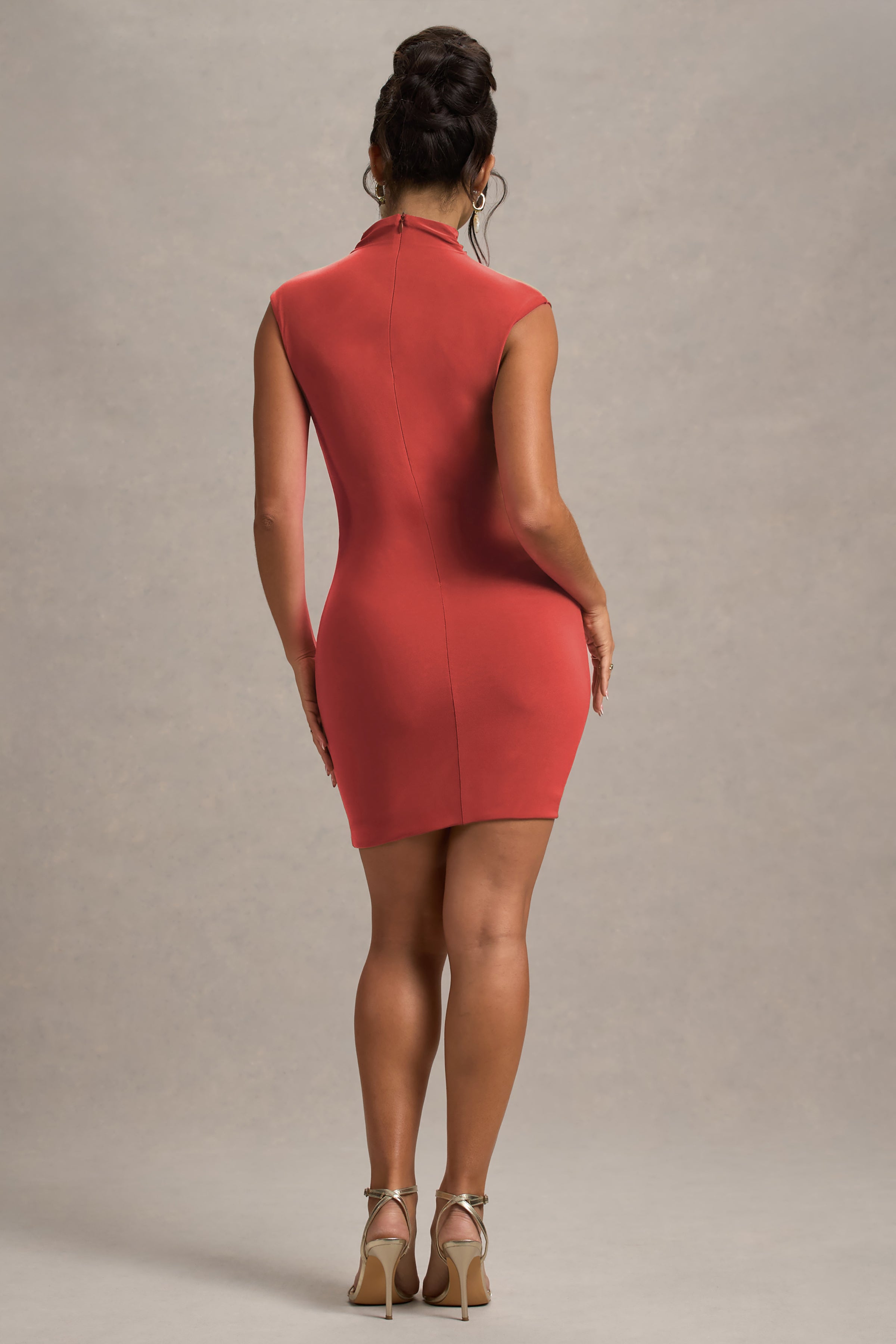 Lalani | Rust Ruched High-Neck Mini Dress