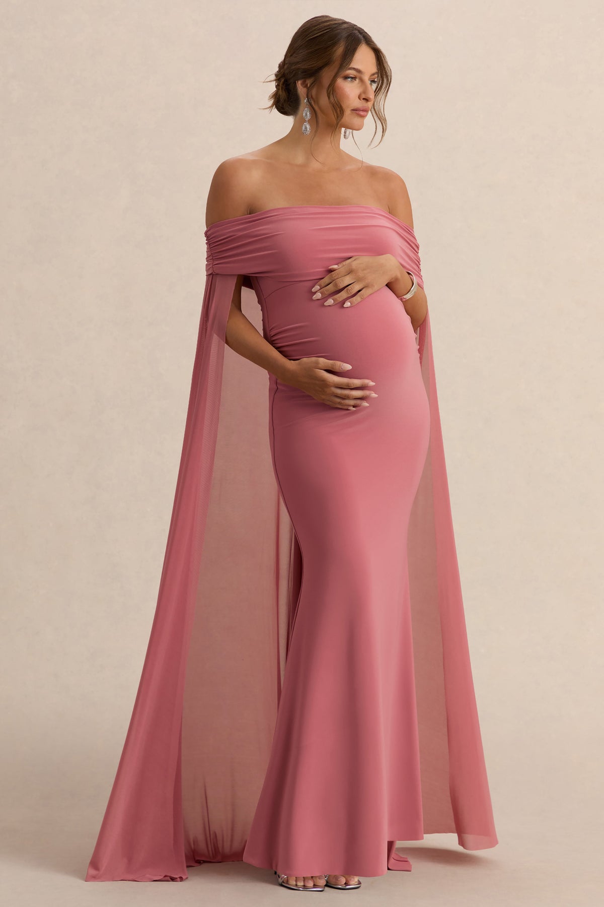 Carlotta | Blush Pink Bardot Maternity Maxi Dress With Chiffon Cape