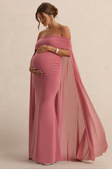 Carlotta | Blush Pink Bardot Maternity Maxi Dress With Chiffon Cape