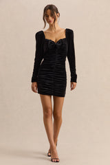 Kiss Of Midnight | Black Velvet Puff-Sleeve Mini Dress With Bow