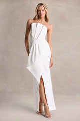 Dreamy Whispers | Cream Strapless Ruffle Split Maxi Dress