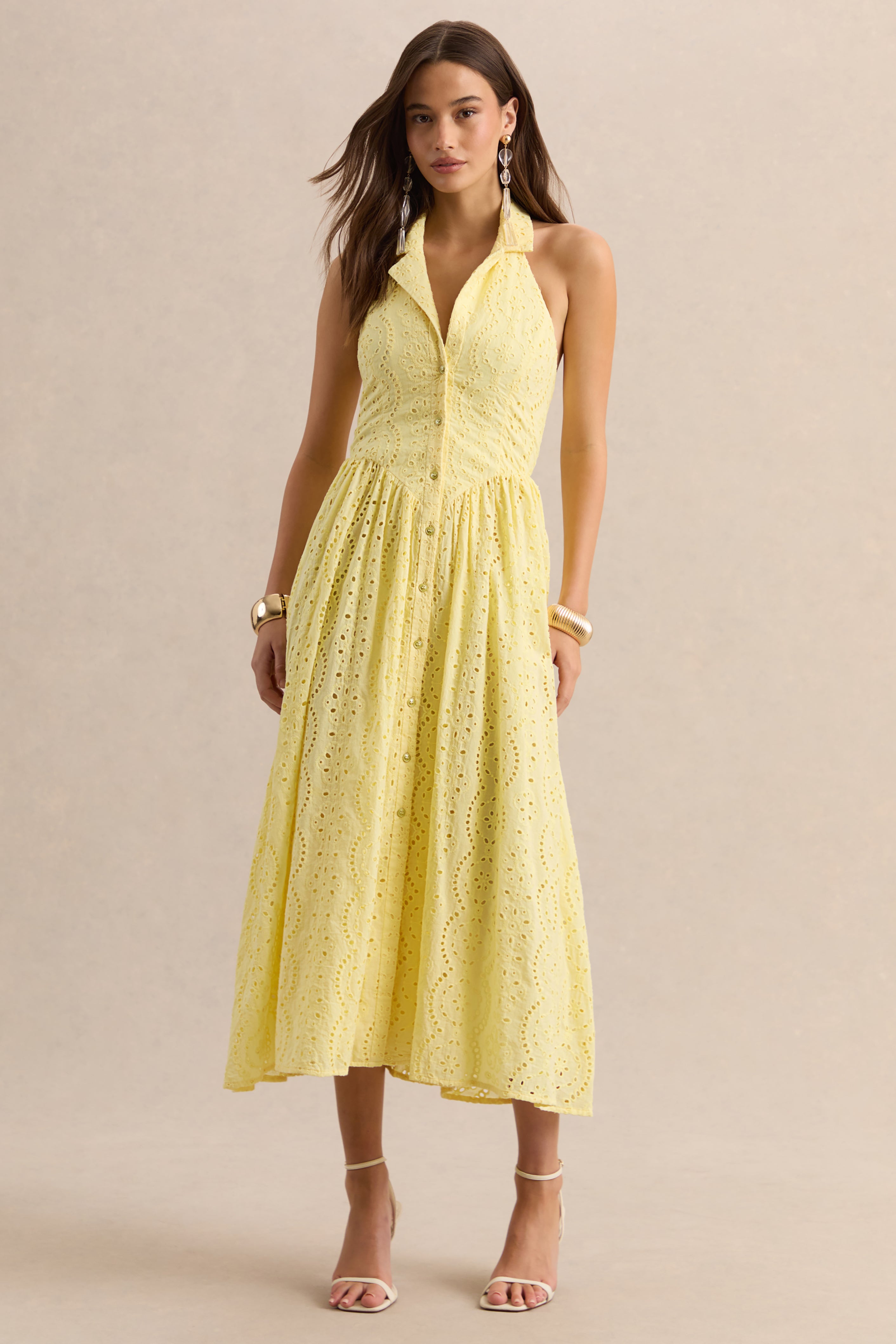Jezebel | Yellow Lace Plunge-Neck Collared Midi Dress