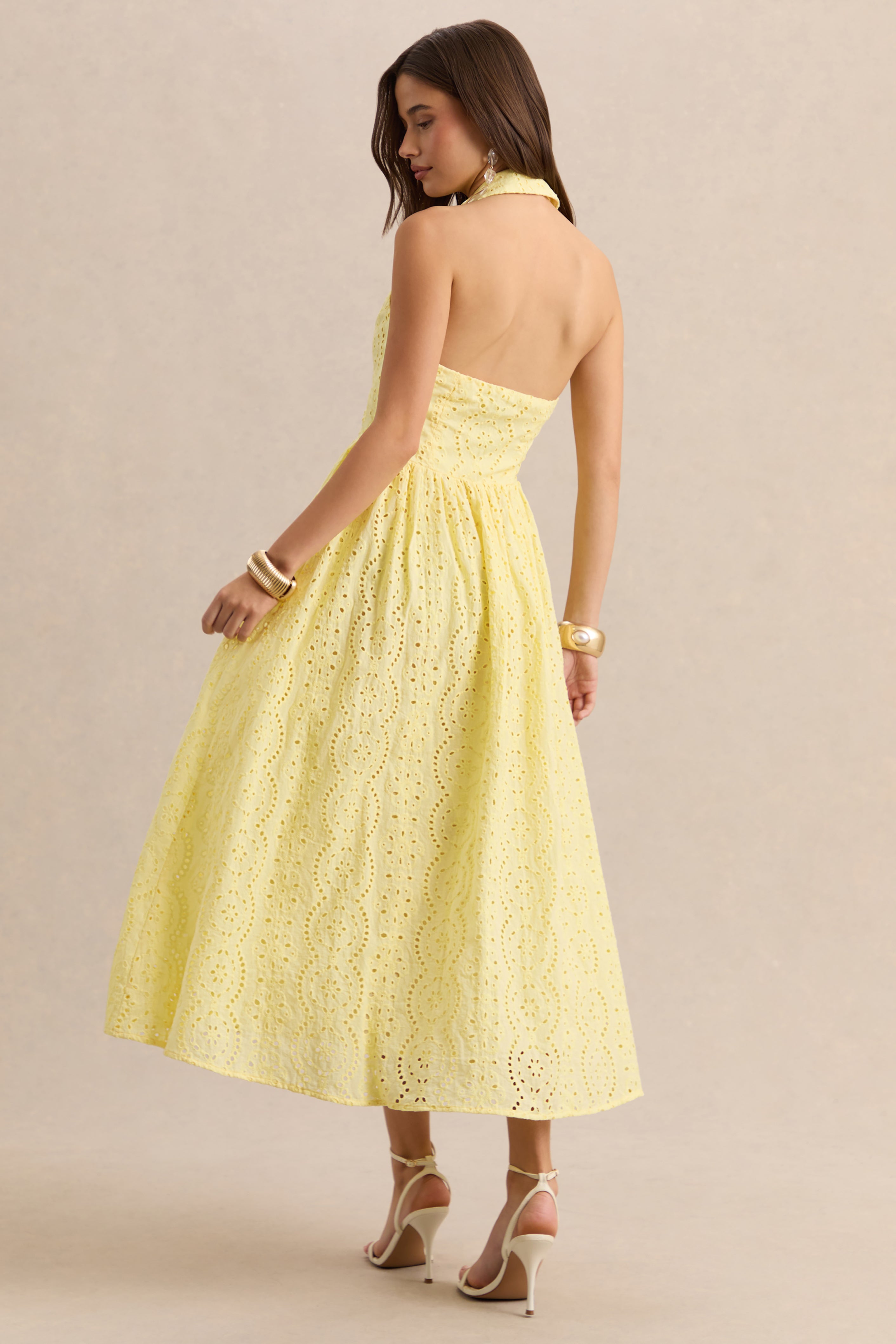 Jezebel | Yellow Lace Plunge-Neck Collared Midi Dress
