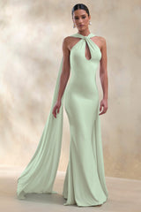Rhoda | Mint Twist Halter-Neck Cape Maxi Dress