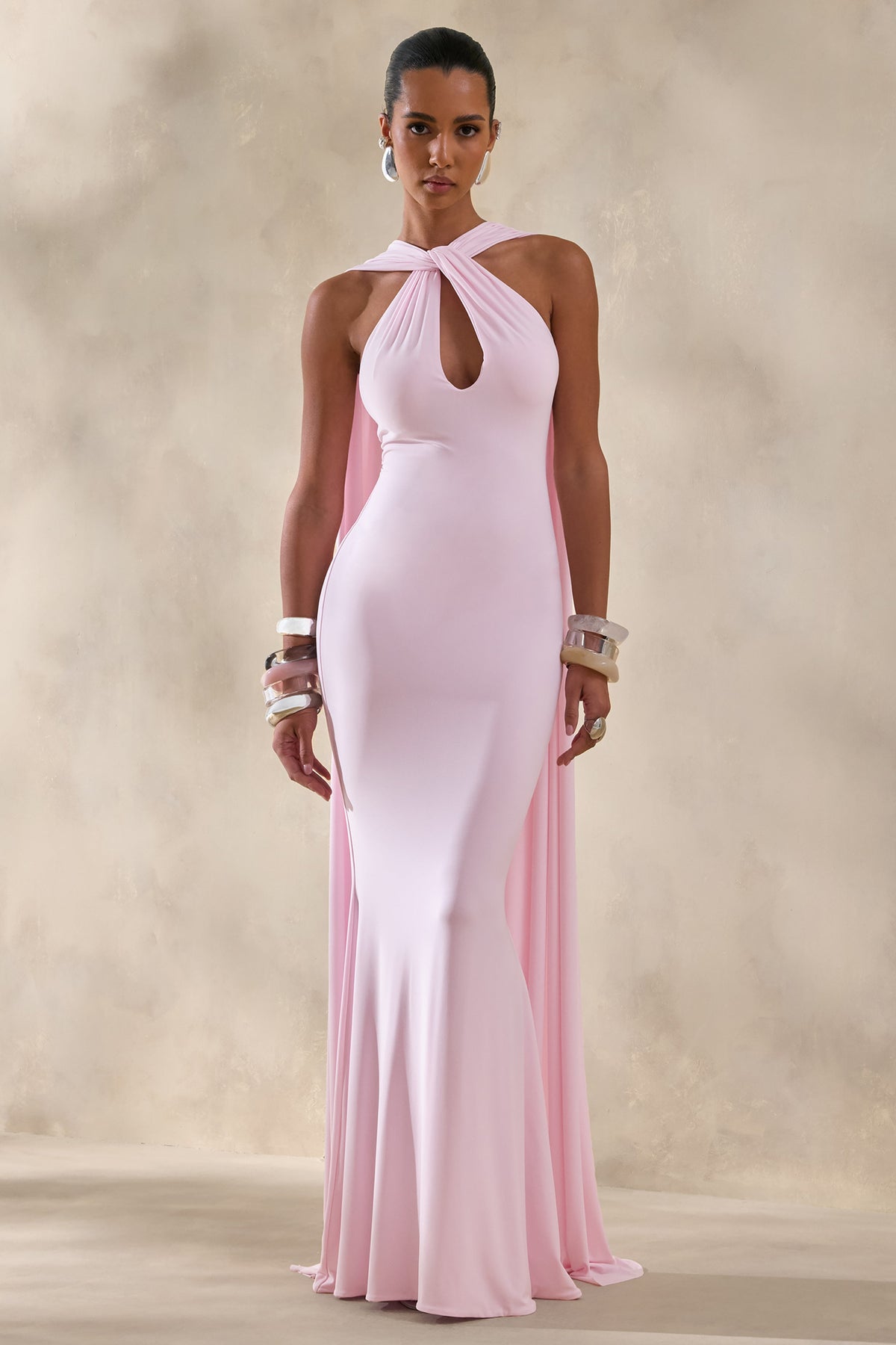 Rhoda | Light Pink Twist Halter-Neck Cape Maxi Dress