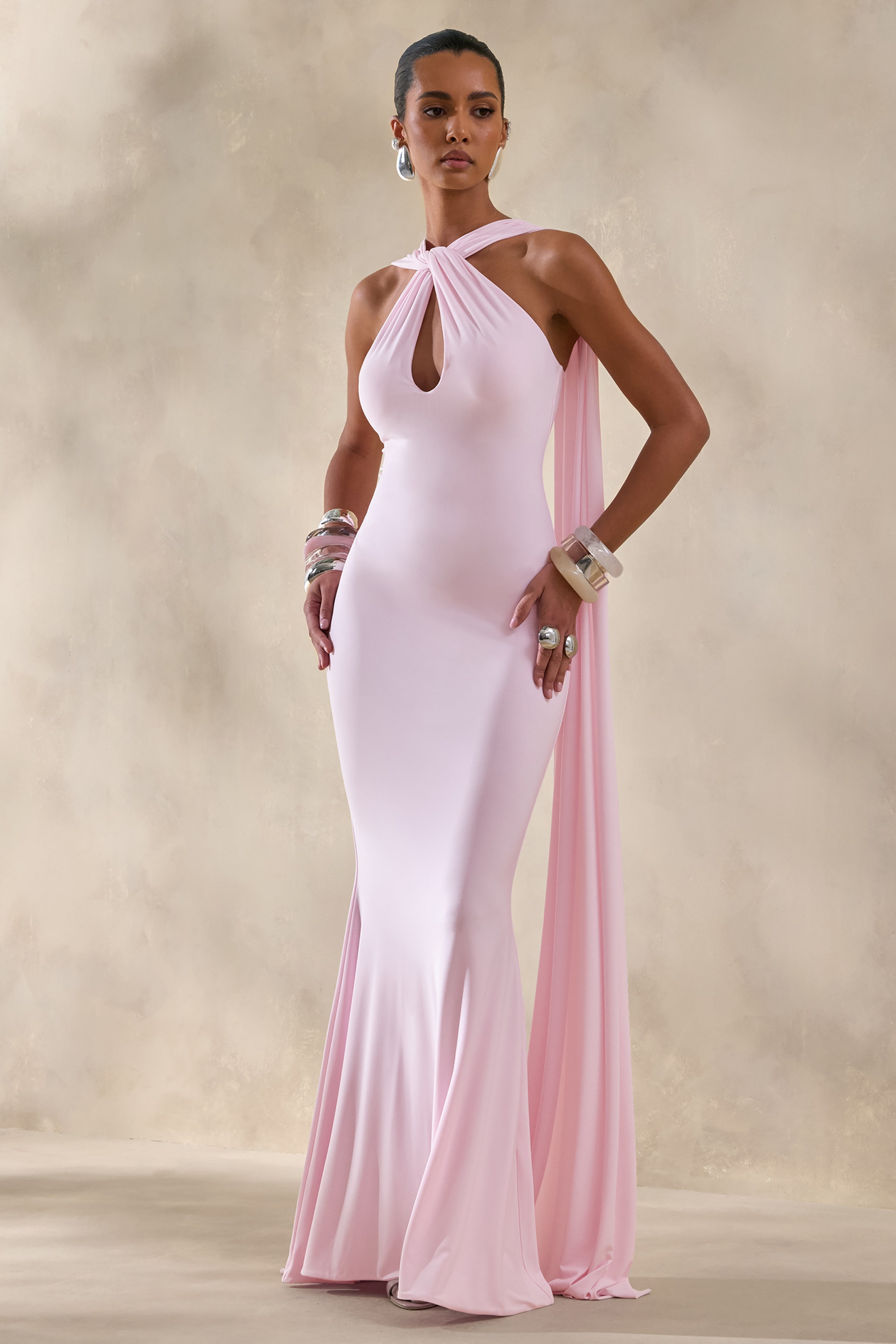 Rhoda | Light Pink Twist Halter-Neck Cape Maxi Dress