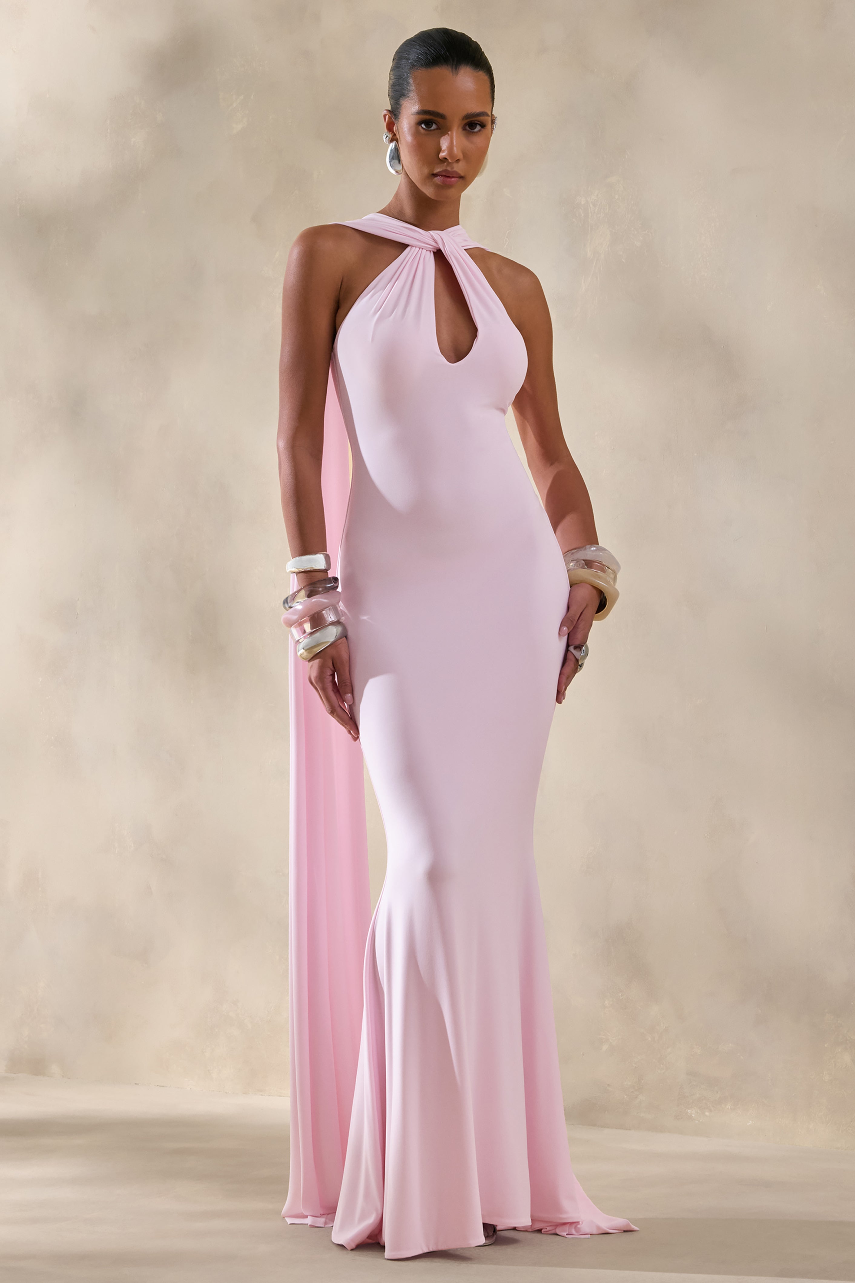 Rhoda | Light Pink Twist Halter-Neck Cape Maxi Dress