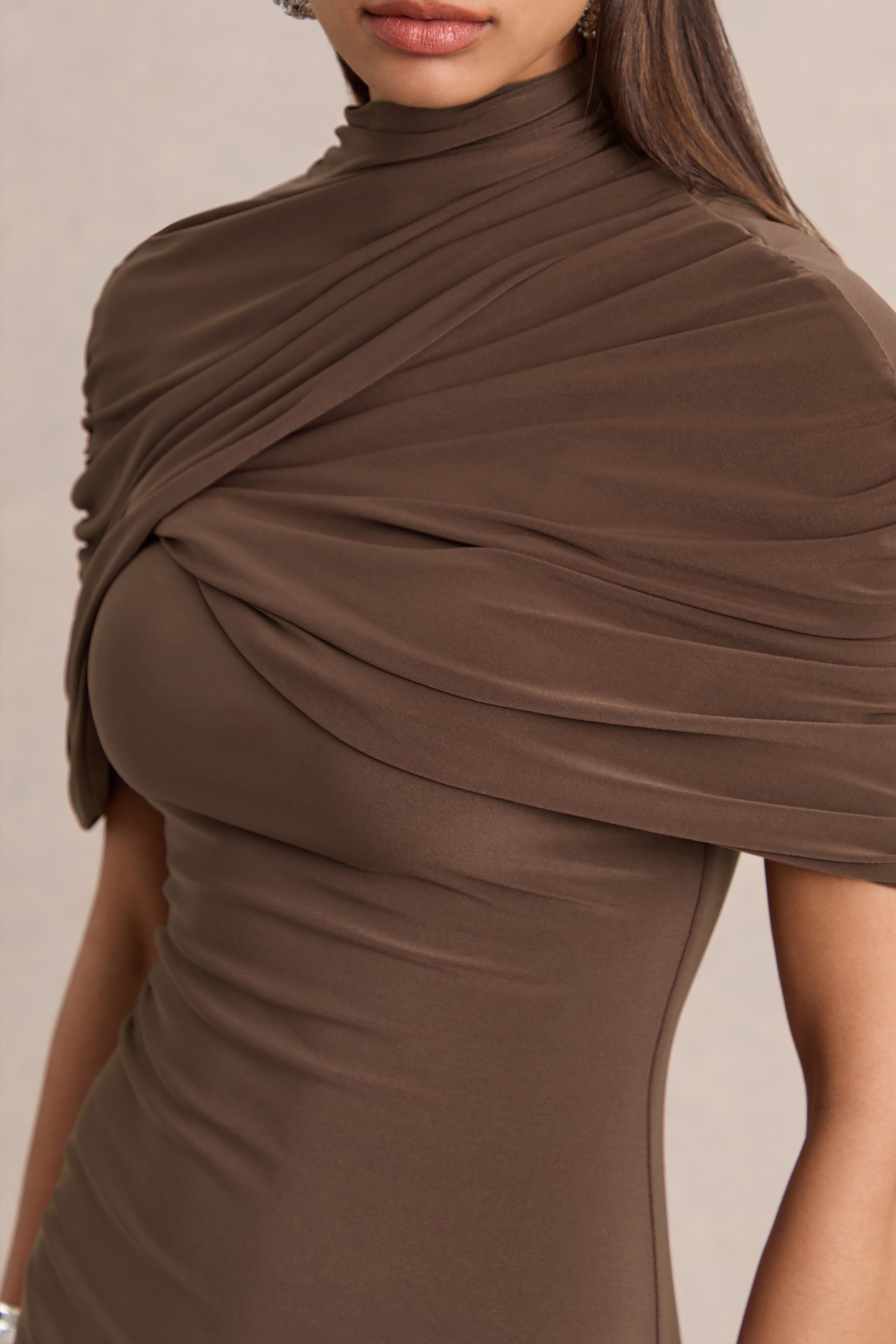 Perdi | Brown Bodycon Mini Dress With Twisted Cape