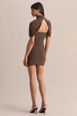 Perdi | Brown Bodycon Mini Dress With Twisted Cape