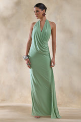 Rosina | Sage Halter-Neck Draped Maxi Dress With Sash