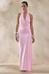 Rosina | Pink Halter-Neck Draped Maxi Dress With Sash