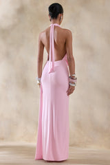 Rosina | Pink Halter-Neck Draped Maxi Dress With Sash