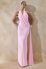 Rosina | Pink Halter-Neck Draped Maxi Dress With Sash