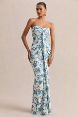Ali | Blue Porcelain Print Sweetheart Ruched Wrap Maxi Dress
