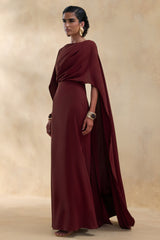 Pristina | Burgundy Boat-Neck Woven Maxi Dress With Cape Detail