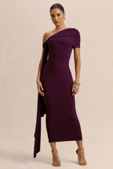 Praia | Plum Asymmetric-Neck Midi Dress With Sash and Draped Detailing