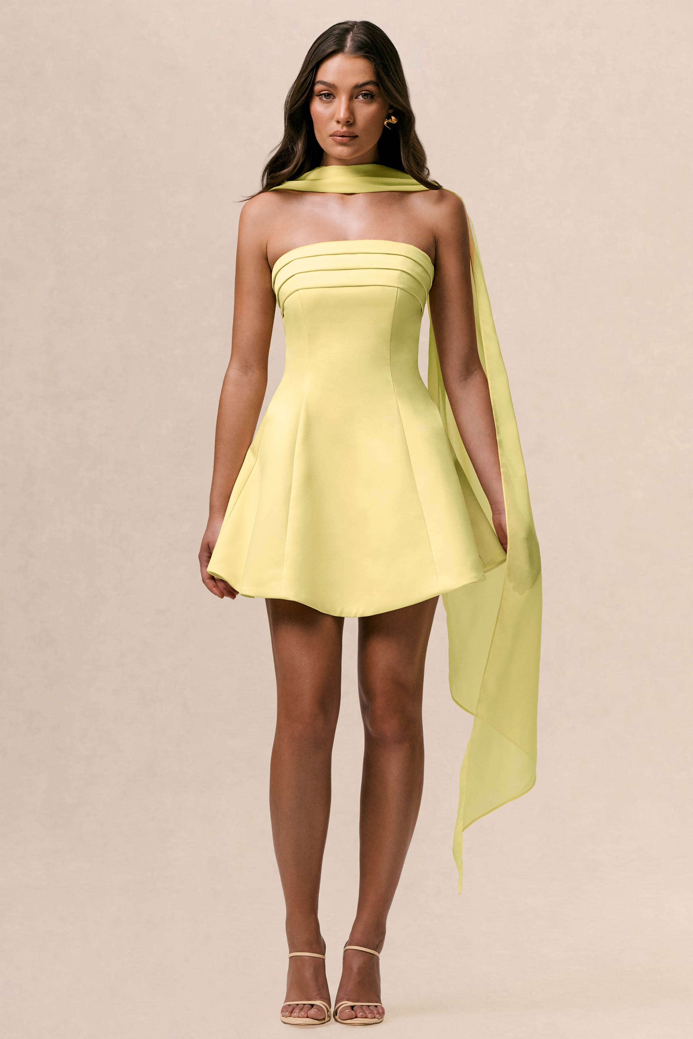 Love Me | Lemon Satin Skater Mini Dress With Chiffon Scarf