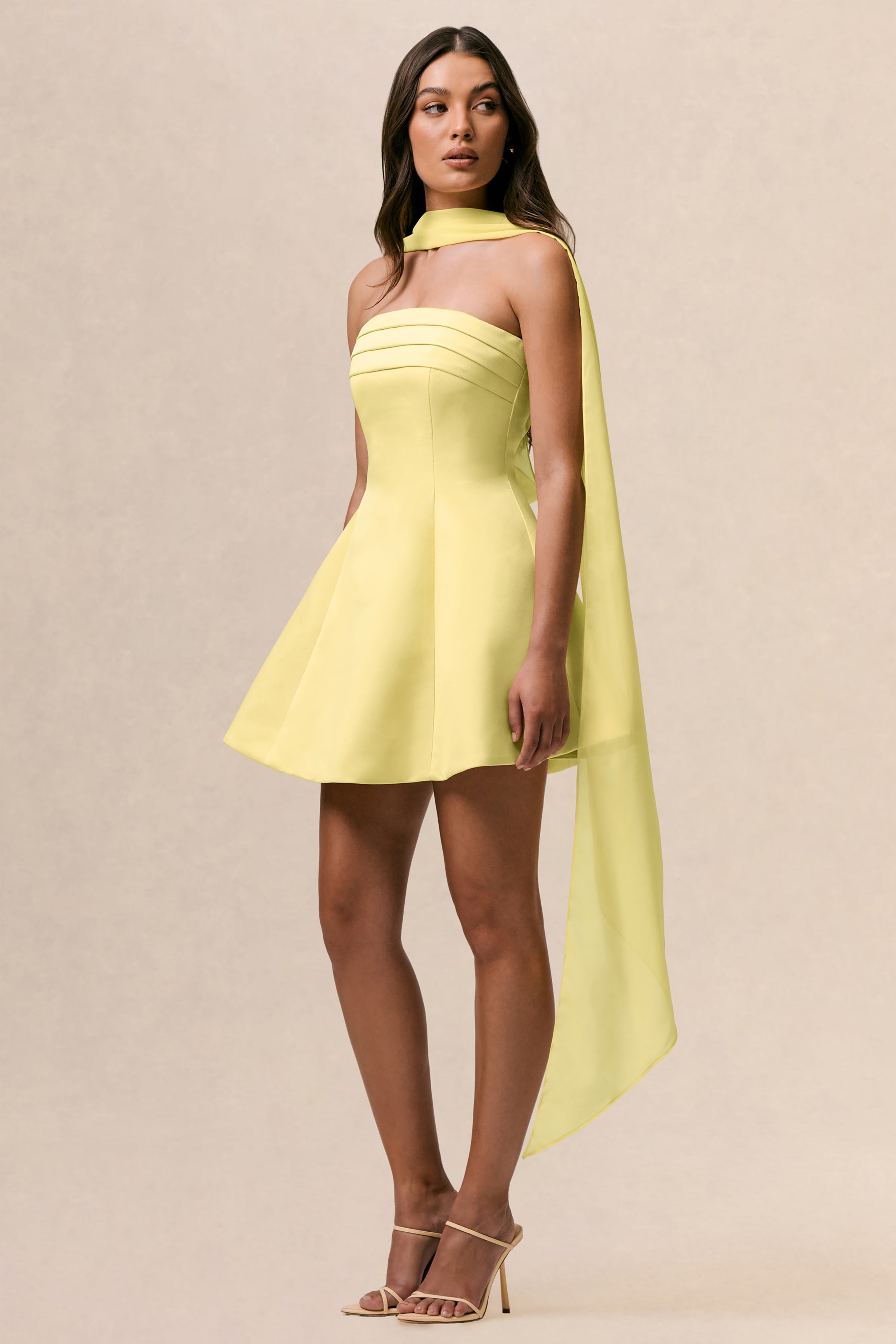 Love Me | Lemon Satin Skater Mini Dress With Chiffon Scarf