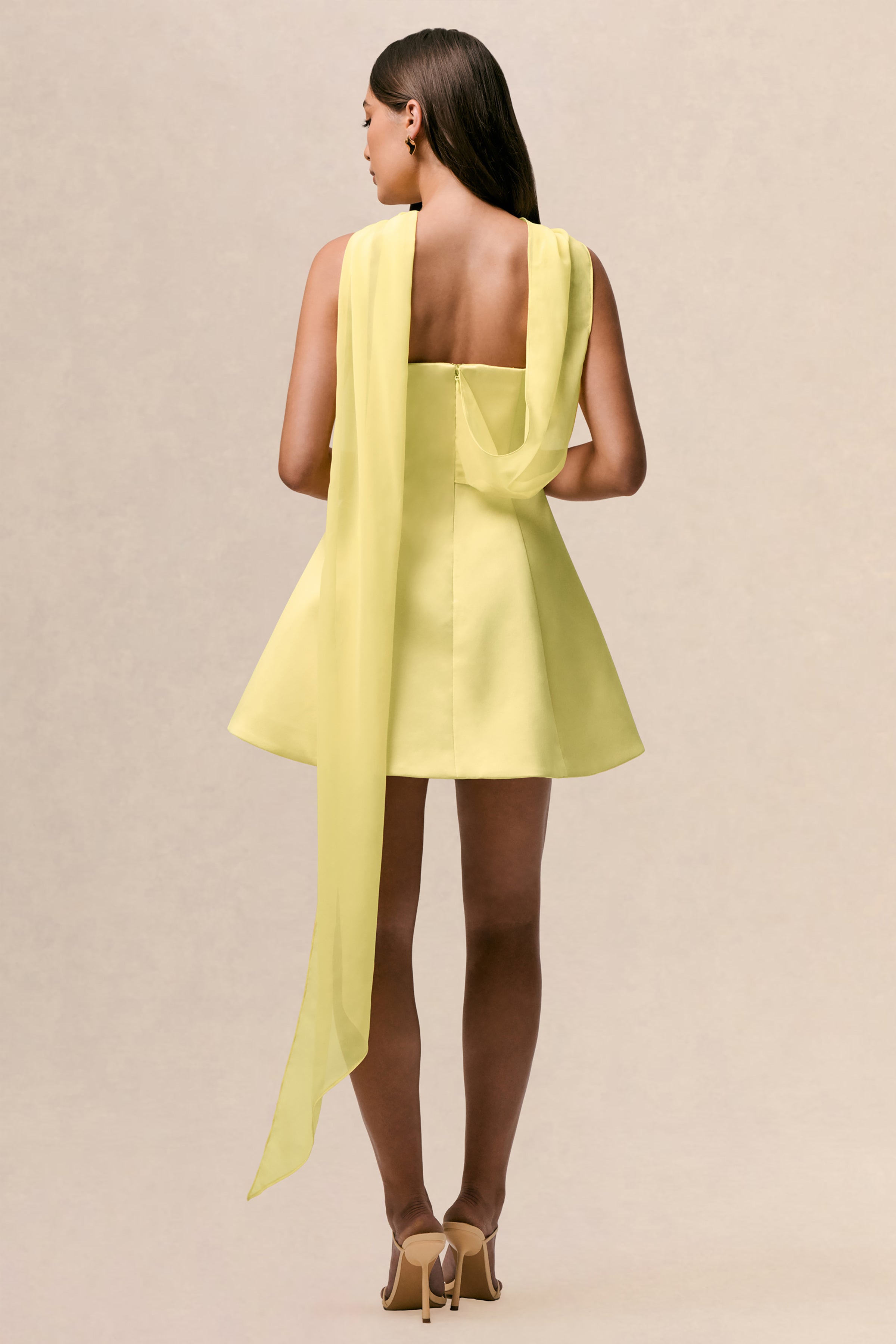 Love Me | Lemon Satin Skater Mini Dress With Chiffon Scarf