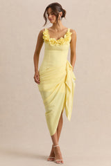 Letitia | Lemon Scoop-Neck Embellished Wrap Midi Dress