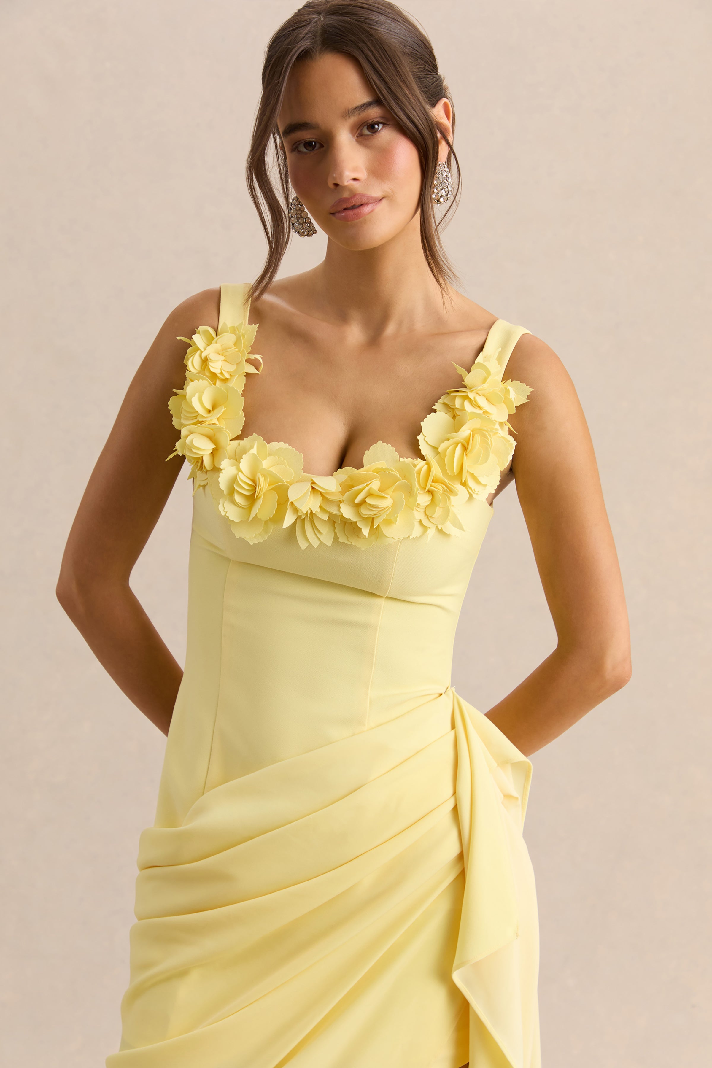 Letitia | Lemon Scoop-Neck Embellished Wrap Midi Dress