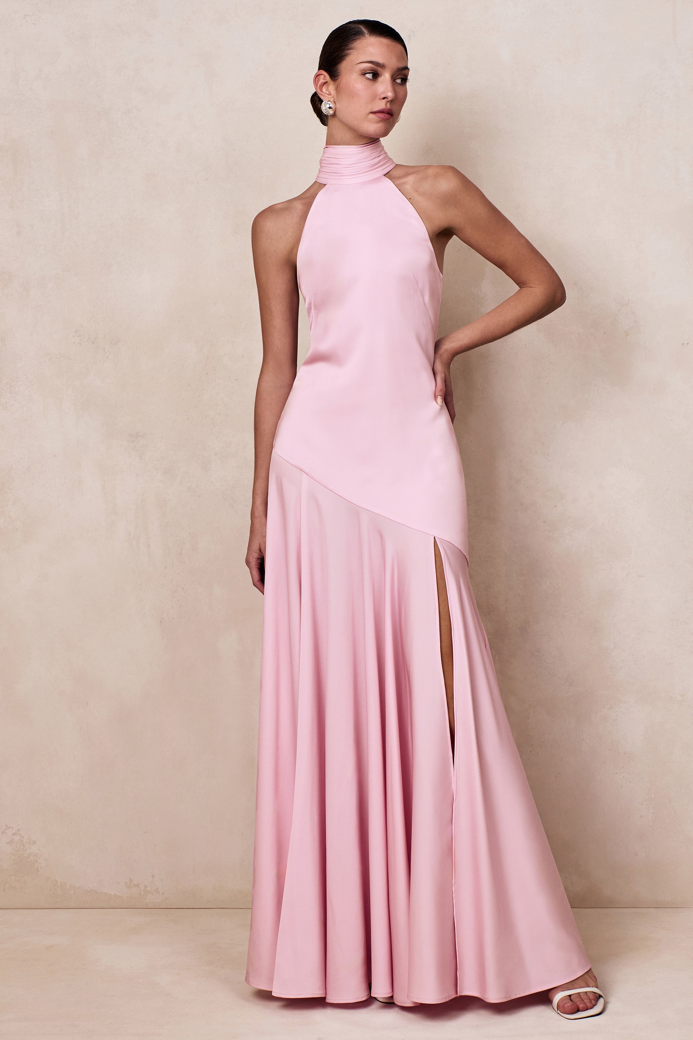 Luscious | Light Pink High-Neck Maxi Dress With Drop-Waist And Bow Detail