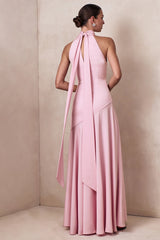 Luscious | Light Pink High-Neck Maxi Dress With Drop-Waist And Bow Detail