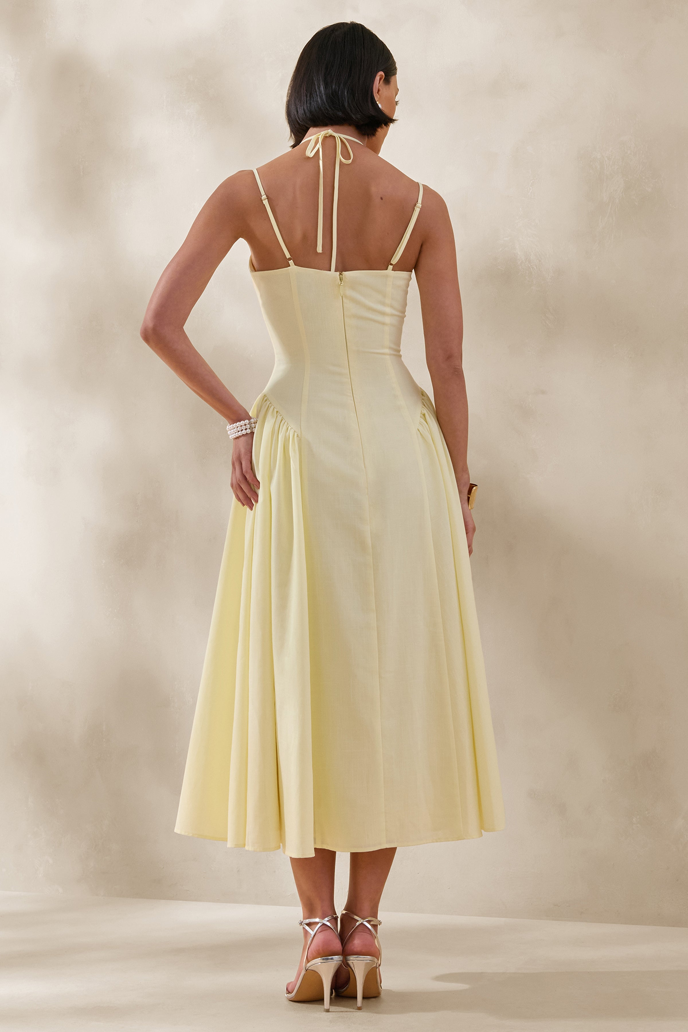 Audrey | Lemon Sweetheart-Neck Midi Dress With Ruching Detail