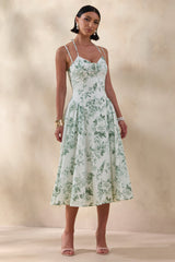 Audrey | Green Floral Print Sweetheart-Neck Midi Dress With Ruching Detail