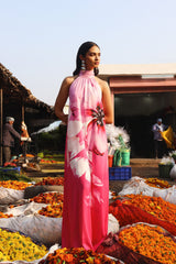 Leia | Pink Lily Print High-Neck Maxi Dress
