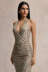 Gio | Champagne Sequin Plunge-Neck Wrap Maxi Dress With Ruched Detailing