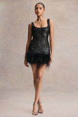 Rosalinda | Black Sequin Square-Neck Mini Dress With Feather Trim