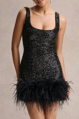 Rosalinda | Black Sequin Square-Neck Mini Dress With Feather Trim