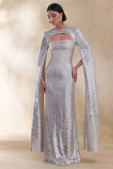 Devora | Silver Sequin Crew-Neck Maxi Dress With Cape Sleeves
