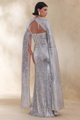 Devora | Silver Sequin Crew-Neck Maxi Dress With Cape Sleeves