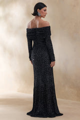 Obsession | Black Sequin Bardot-Neck Maxi Dress With Long Sleeves