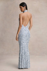 Zaira | Silver Sequin High-Neck Maxi Dress With Open-Back