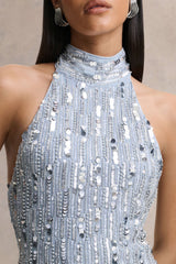 Zaira | Silver Sequin High-Neck Maxi Dress With Open-Back
