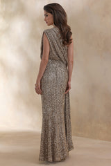 Liori | Champagne Sequin Asymmetric-Neck Maxi Dress With Sash