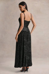 Allora | Black Sequin Square-Neck Maxi Dress With Pleated Skirt
