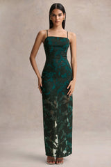 Hada | Dark Green Satin Devore Square-Neck Maxi Dress With Removable Twisted-Cape