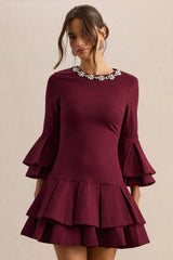 Mirna | Burgundy Crew-Neck Mini Dress With Bell Sleeves And Ruffled Detailing