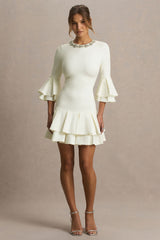 Mirna | Cream Crew Neck Mini Dress With Bell Sleeves And Ruffled Detailing