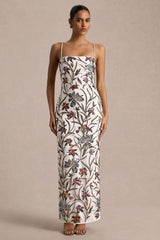 Kyle | Cream Sequin Floral Embellished Square-Neck Maxi Dress