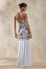 Denise | Cream Sequin Floral Bandeau-Neck Embellished Maxi Dress With Drop-Waist And Mesh Skirt