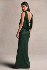 Stacey | Dark Green Slashed-Neck Maxi Dress With Open-Back And Embellished Detail