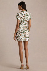 Ophelia | White And Green Embellished Sequin Floral And Mesh Mini Dress With Short Sleeves