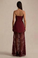 Brandi | Burgundy Bandeau Maxi Dress With Lace Skirt