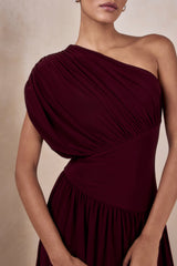 Kelsey | Burgundy Asymmetric-Neck Maxi Dress With Ruched Detailing