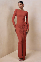 Matilda | Rust Boat-Neck Maxi Dress With Ruched Detailing